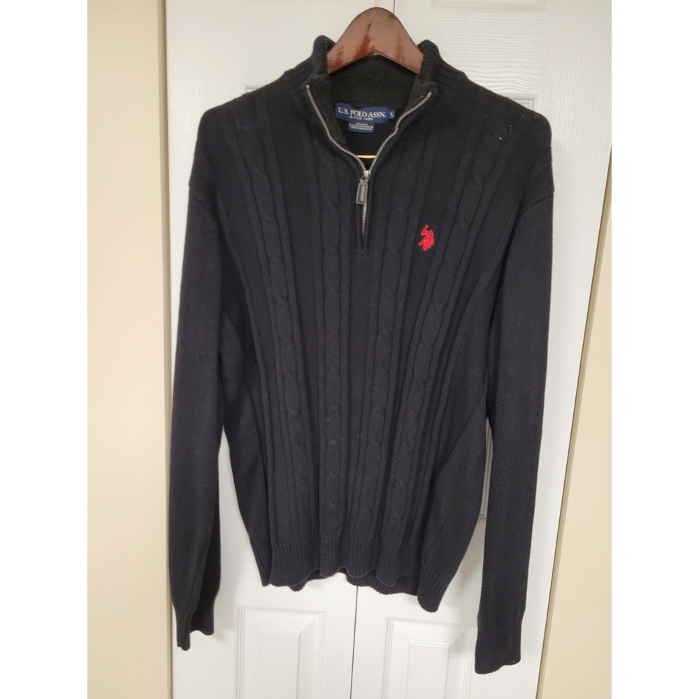US Polo Assn Black 1/4 Zip Cable Knit Sweater Men's Sz L 100%‎ Ctn Fleece Collar